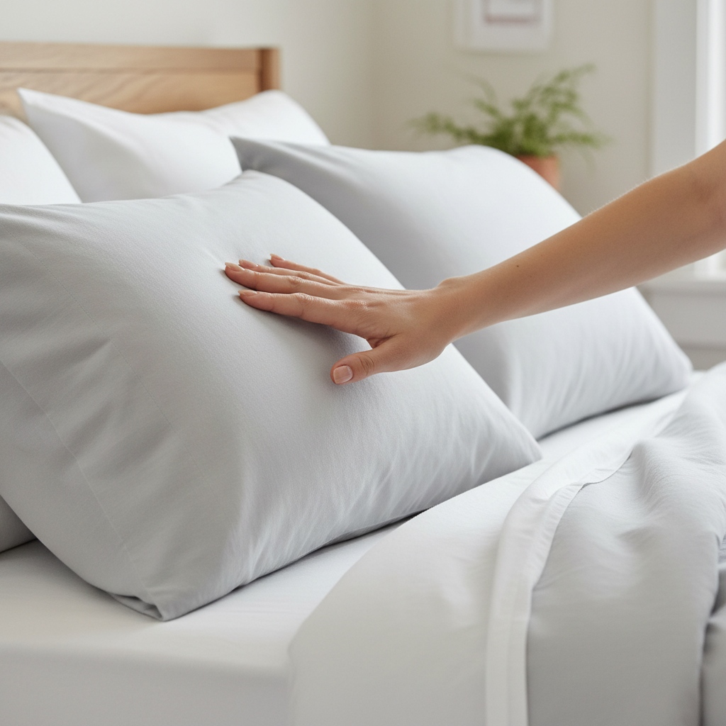 Hand touching light gray pillowcase