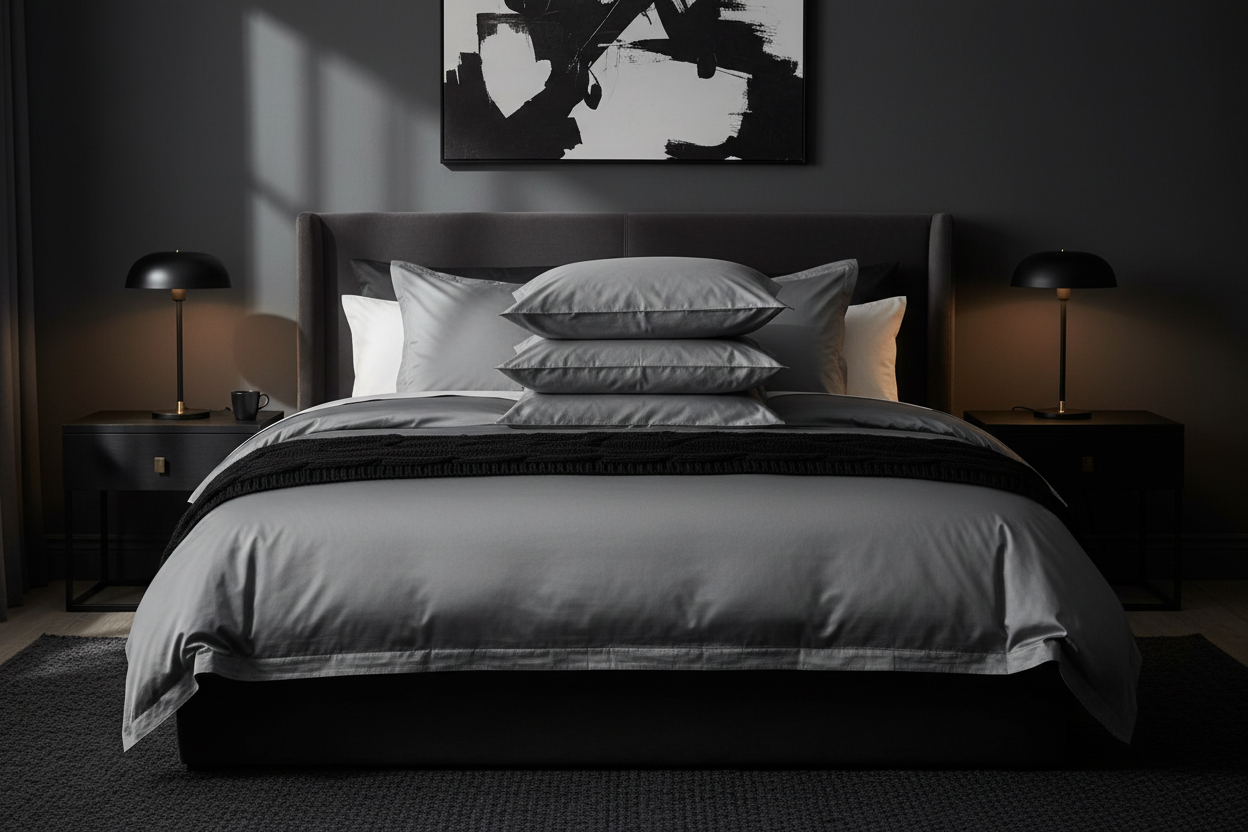 Luxurious gray bedroom scene